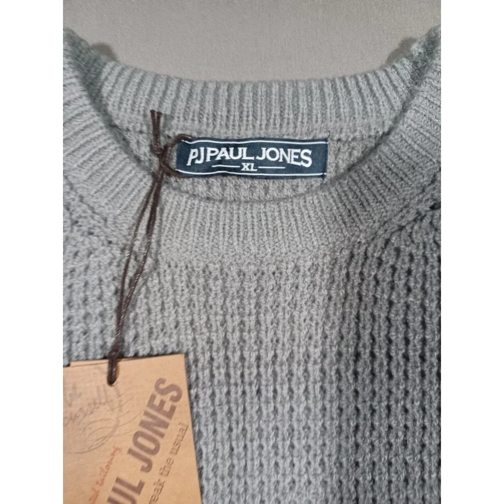 PJ PAUL JONES Sweater Mens XL Gray Crewneck Pullover Waffle Textured Long Sleeve